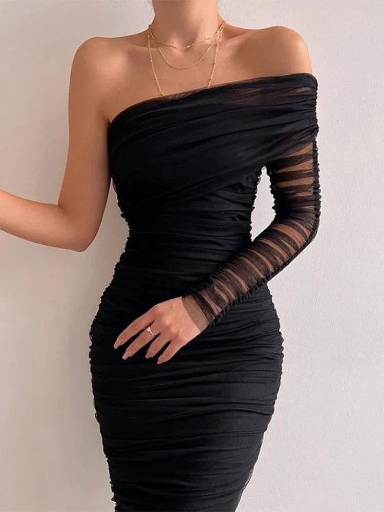 Fold Through Slim Mini Shoulder Mesh Sexy See Bodycon Cocktail Off Wedding Dress