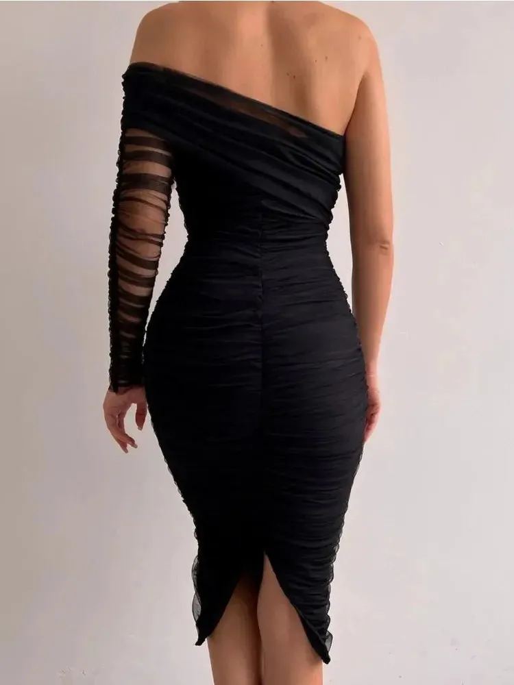 Fold Through Slim Mini Shoulder Mesh Sexy See Bodycon Cocktail Off Wedding Dress