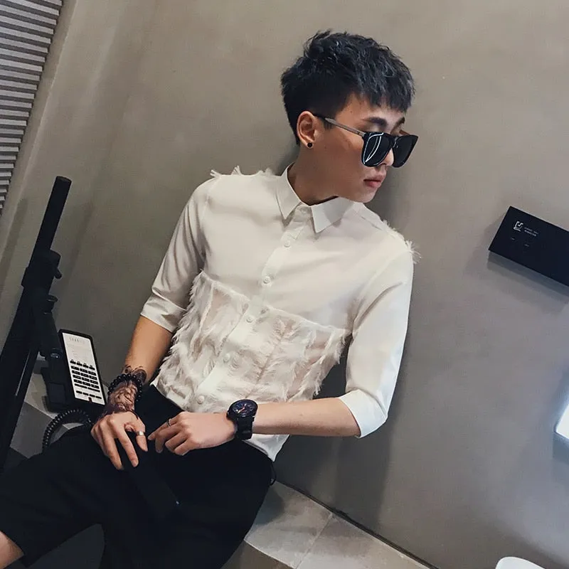 Fur Lace Patchwork Detail Dress Style Men Slim Fit Shirt