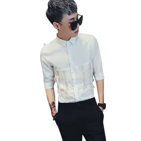 Fur Lace Patchwork Detail Dress Style Men Slim Fit Shirt