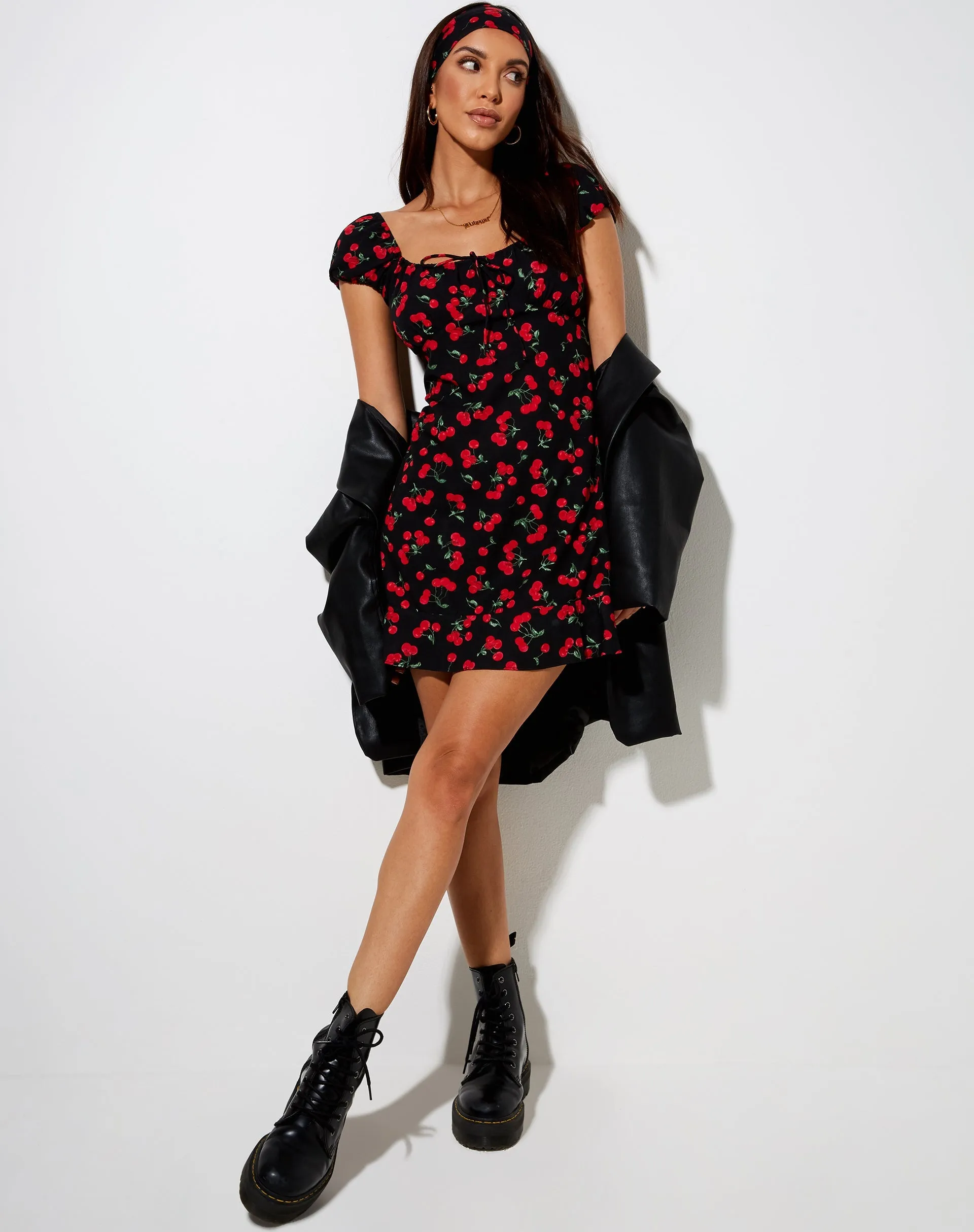 Galaca Mini Dress in Cherries Black