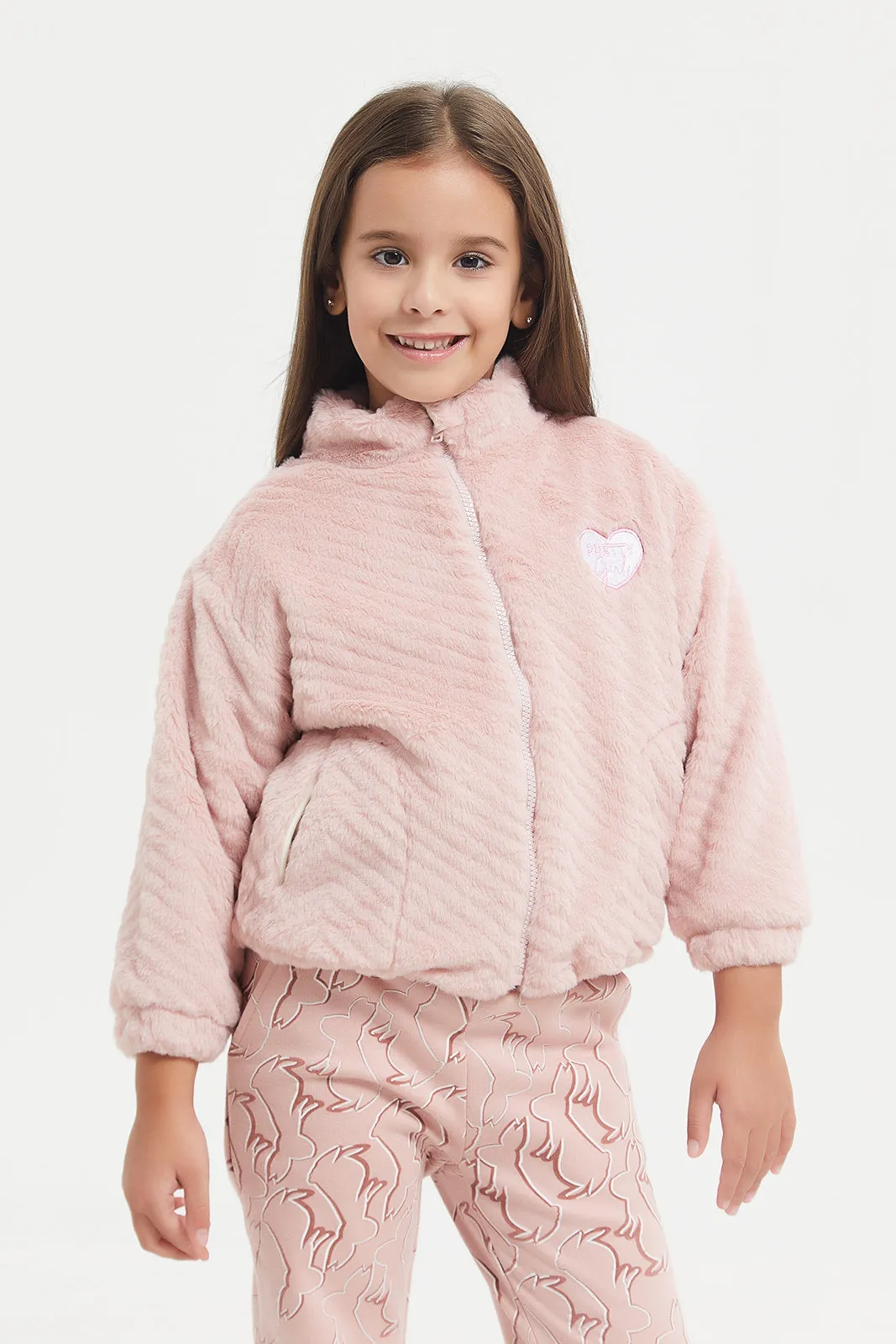 Girls Pink Jacquard Fur Sweatshirt With Zipper