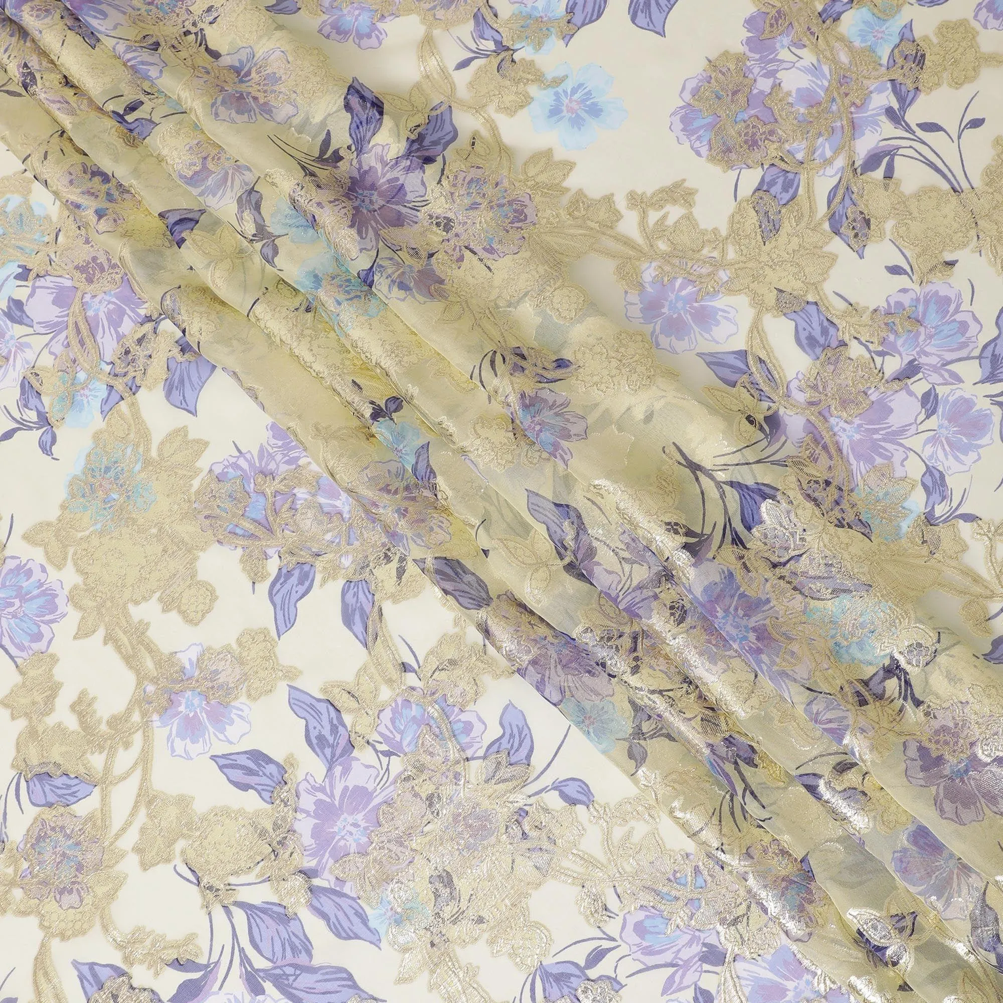 Gold Premium pure silk chiffon fabric with multicolor print and gold metallic lurex in floral design-D14296