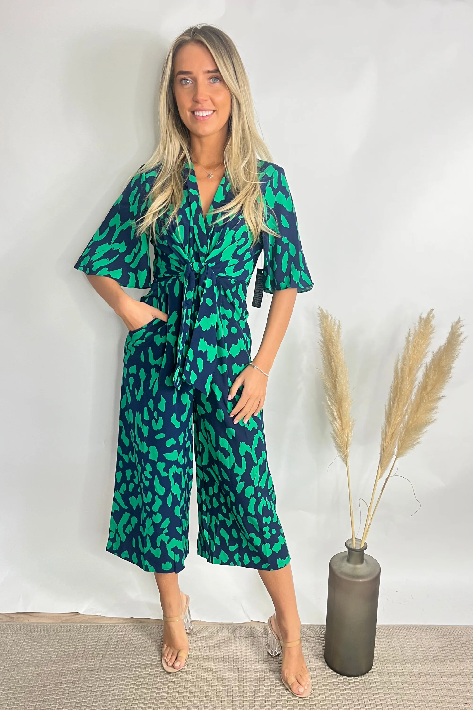 Green & Navy Printed Tie Front Wide Leg Jumpsuit