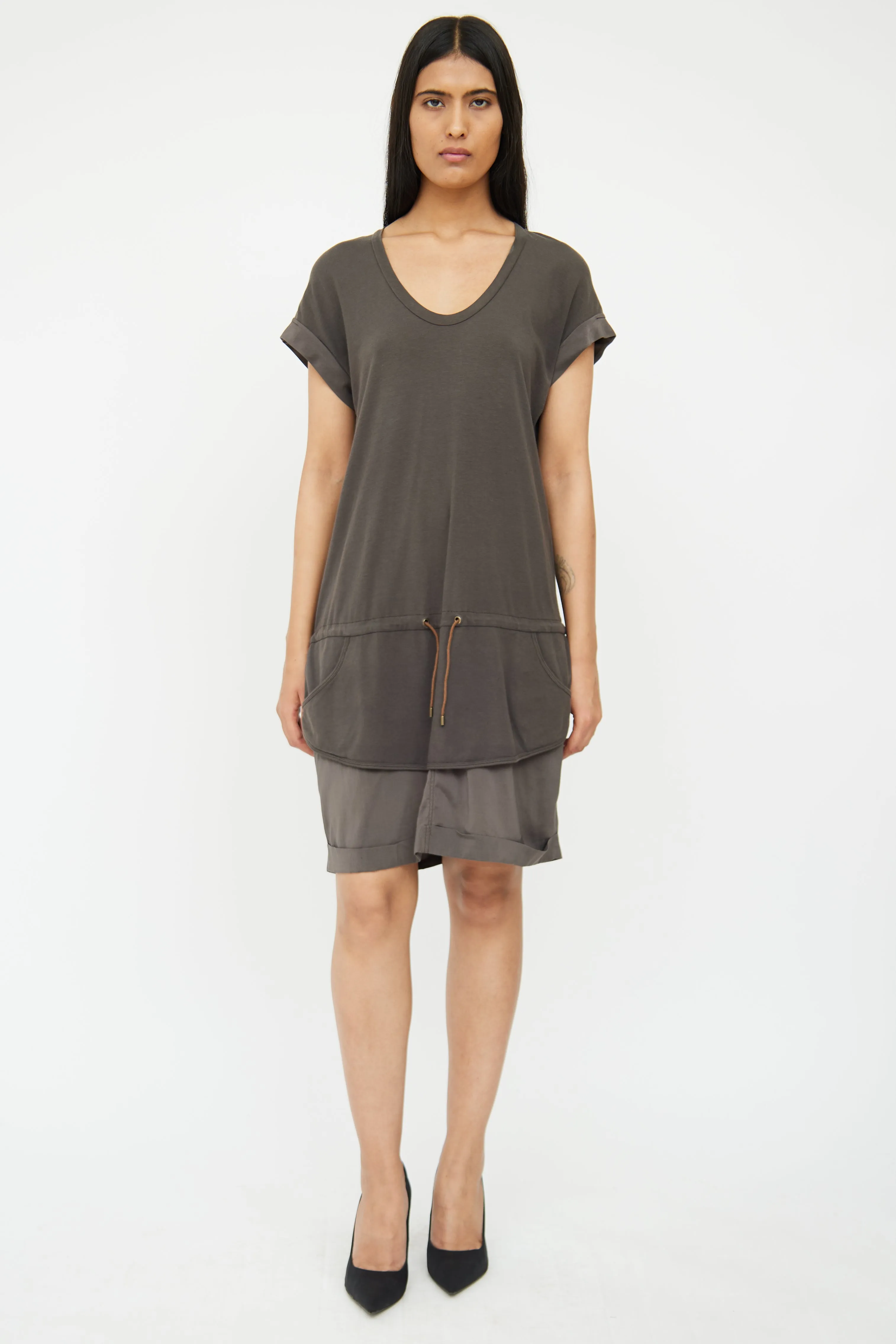 Grey Cotton & Silk Layered Drawstring Dress