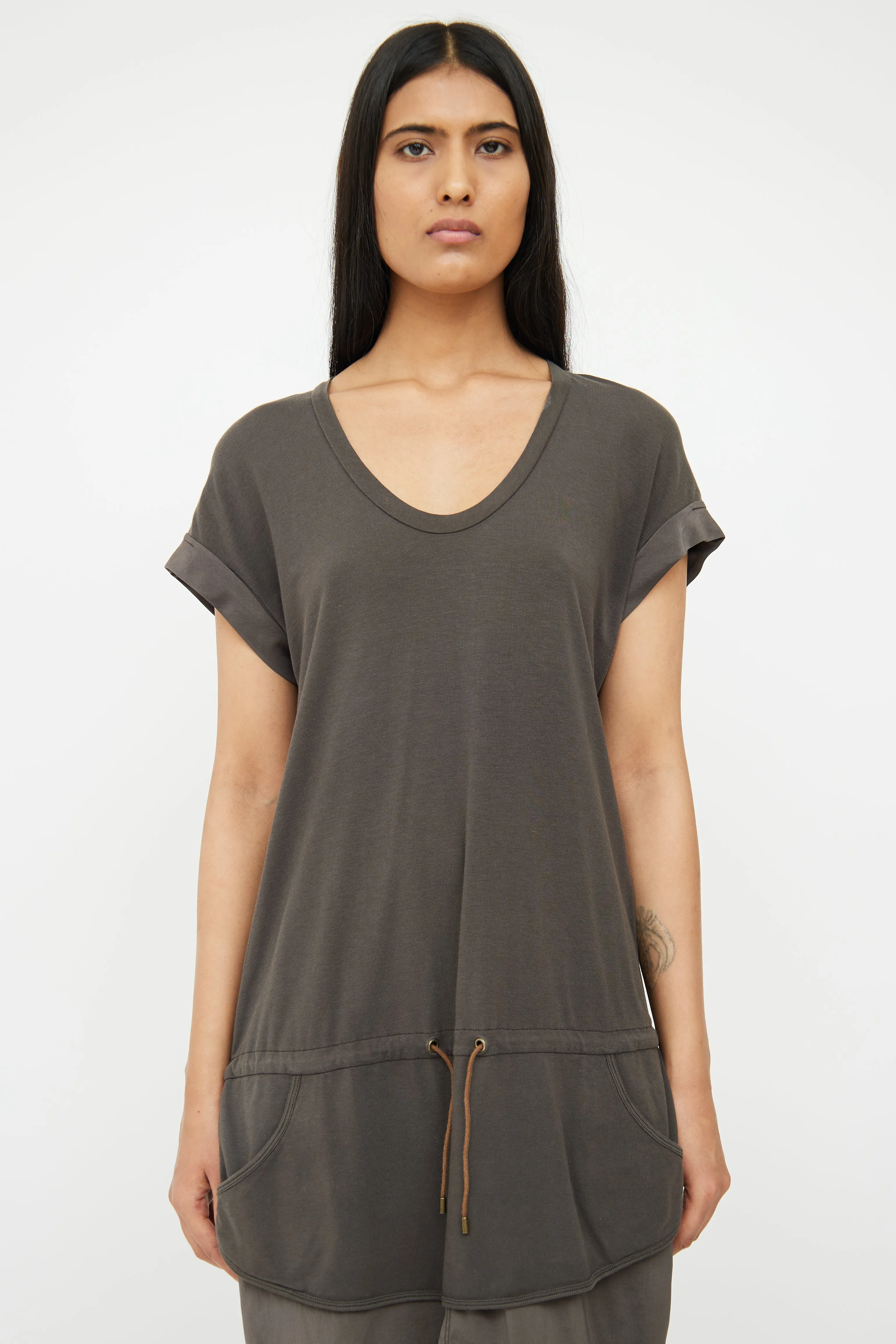 Grey Cotton & Silk Layered Drawstring Dress