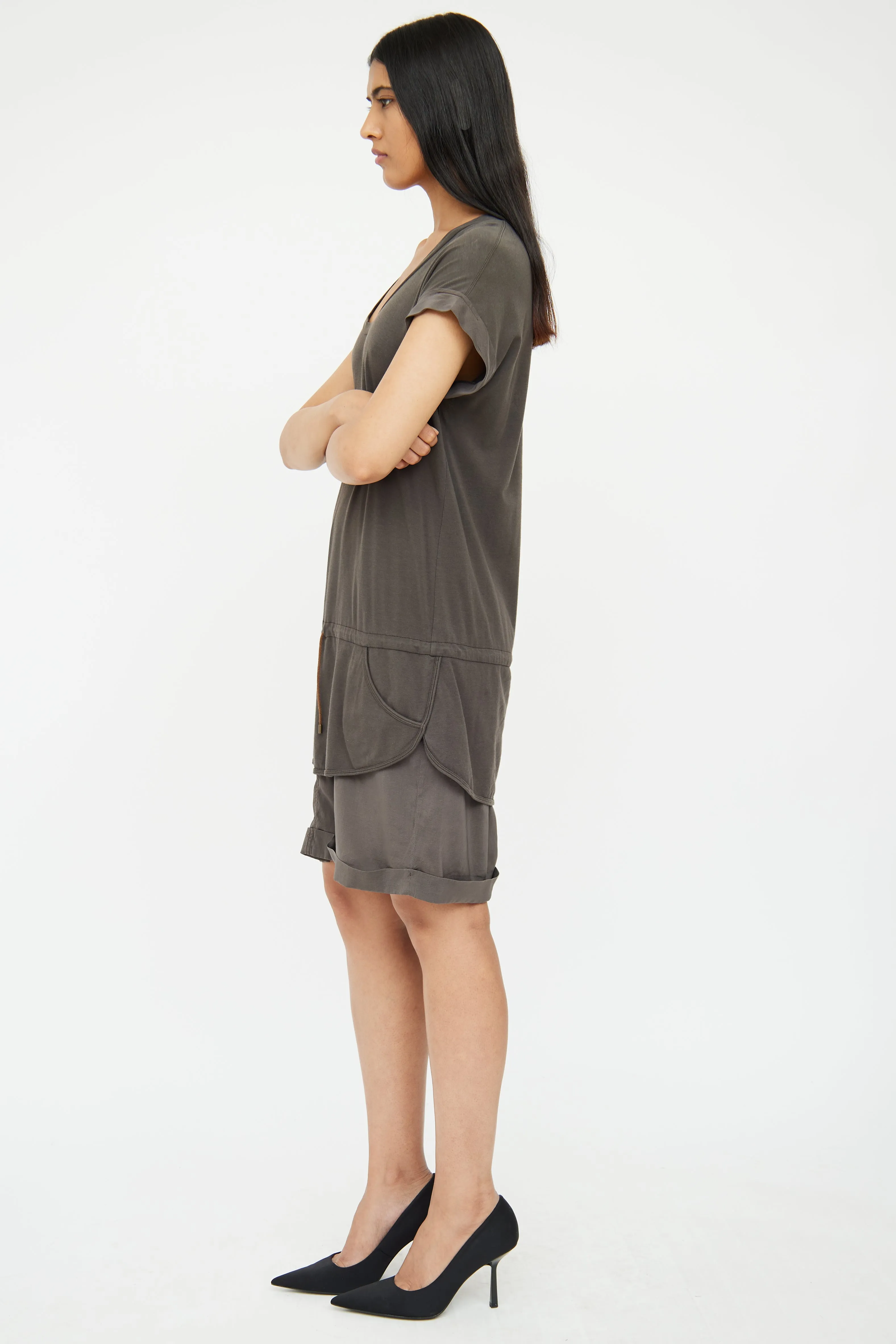 Grey Cotton & Silk Layered Drawstring Dress