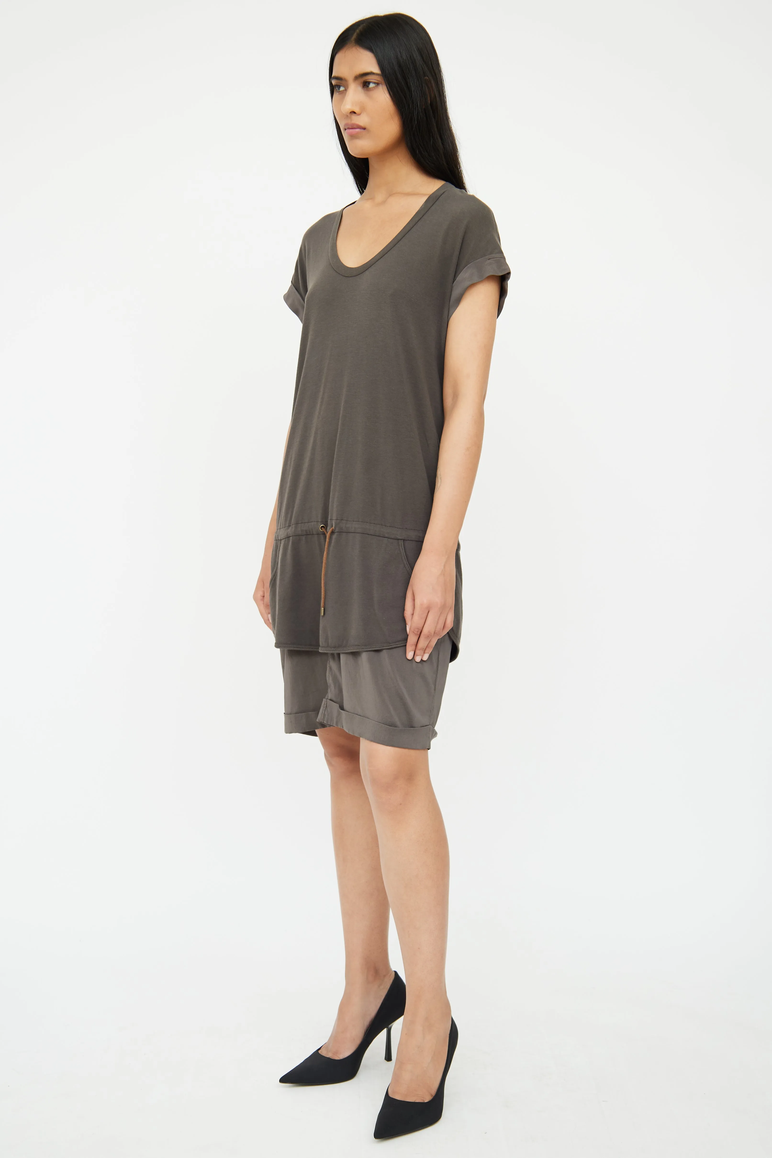 Grey Cotton & Silk Layered Drawstring Dress