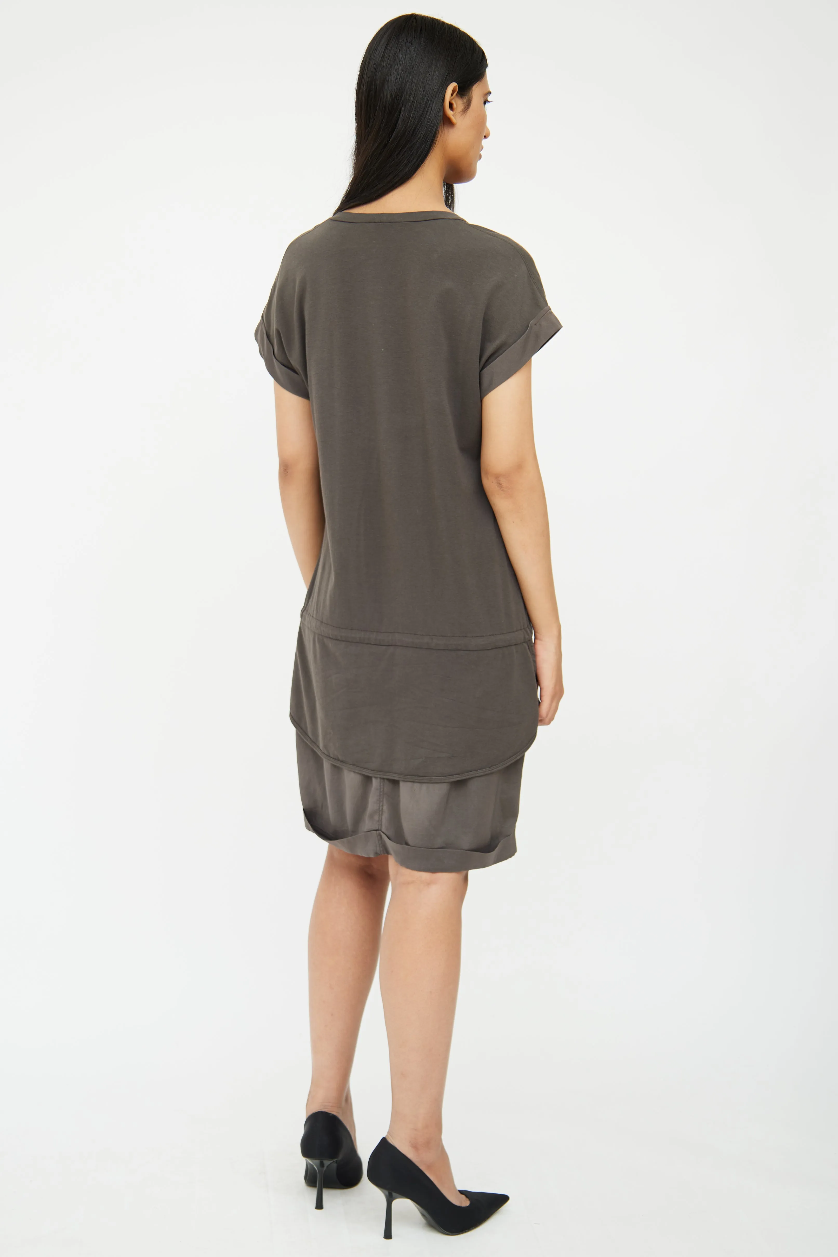 Grey Cotton & Silk Layered Drawstring Dress