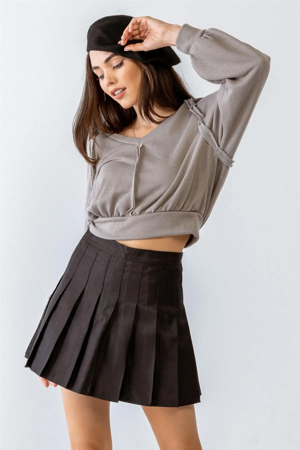 Grey Inside-Out Detail Balloon Long Sleeve Crop Top