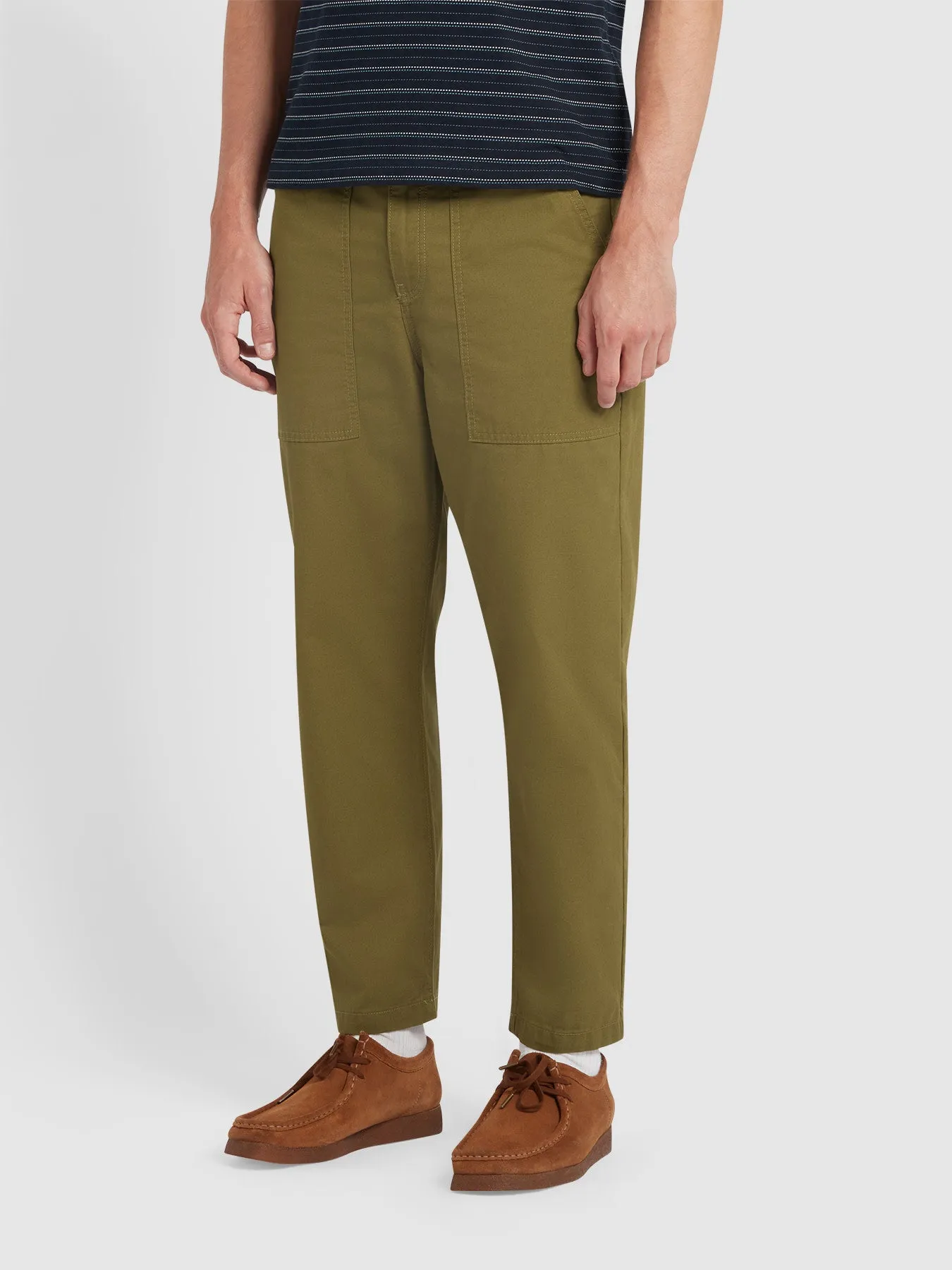 Hawtin Relaxed Tapered Fit Fine Twill Patch Trousers In Green Khaki