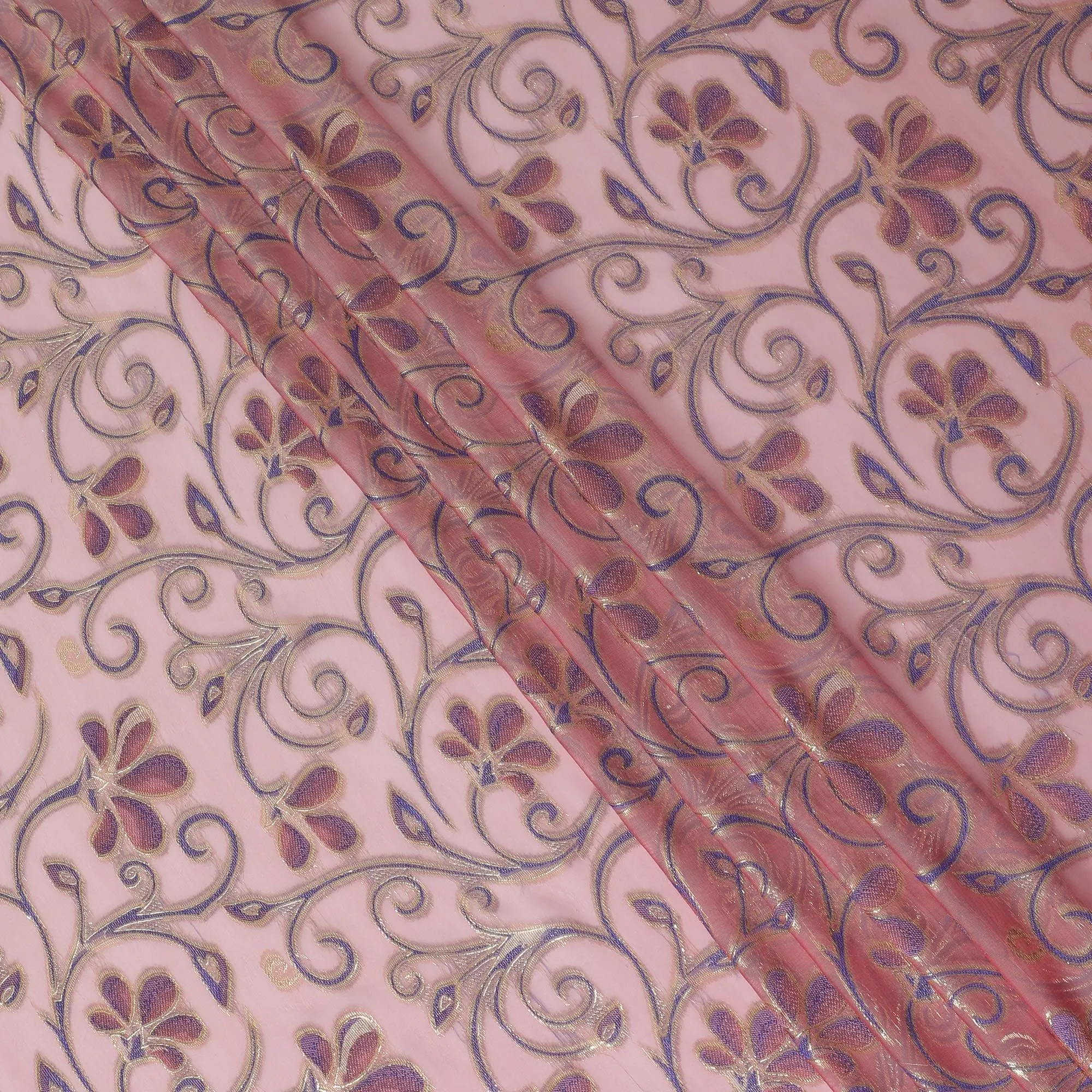 Hot pink Premium pure changent silk chiffon fabric with same tone, blue viscose having gold metallic lurex in floral design-D14643