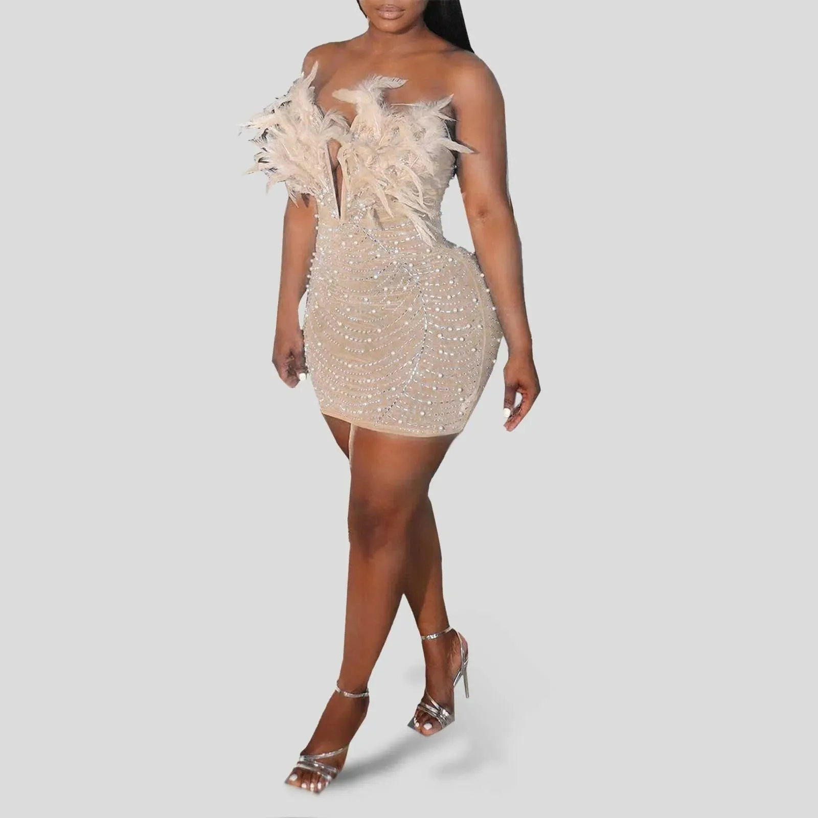 Hot Rhinestones Feathered Strapless Plunging V-neck Bodycon Evening Casual Sparkling Dress