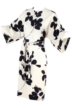 I Magnin 2 Piece Silk Vintage Dress w/ Black & Ivory Floral Print & Kimono Sleeves