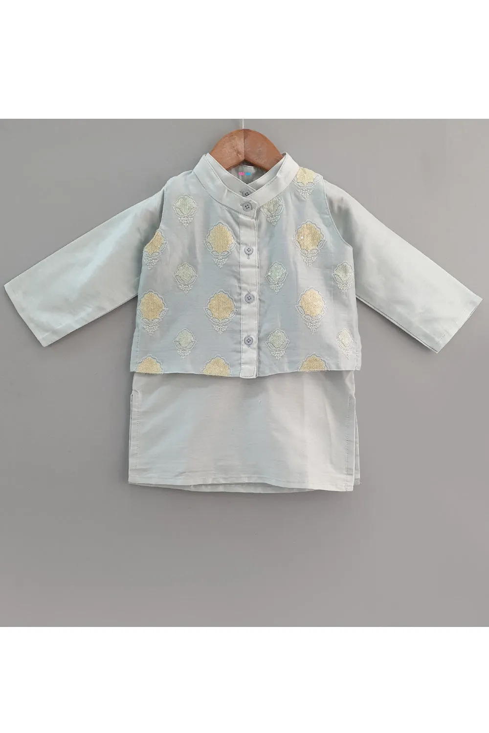 Ice Blue Cotton Silk Kurta With Sequins Embroidered Jacket