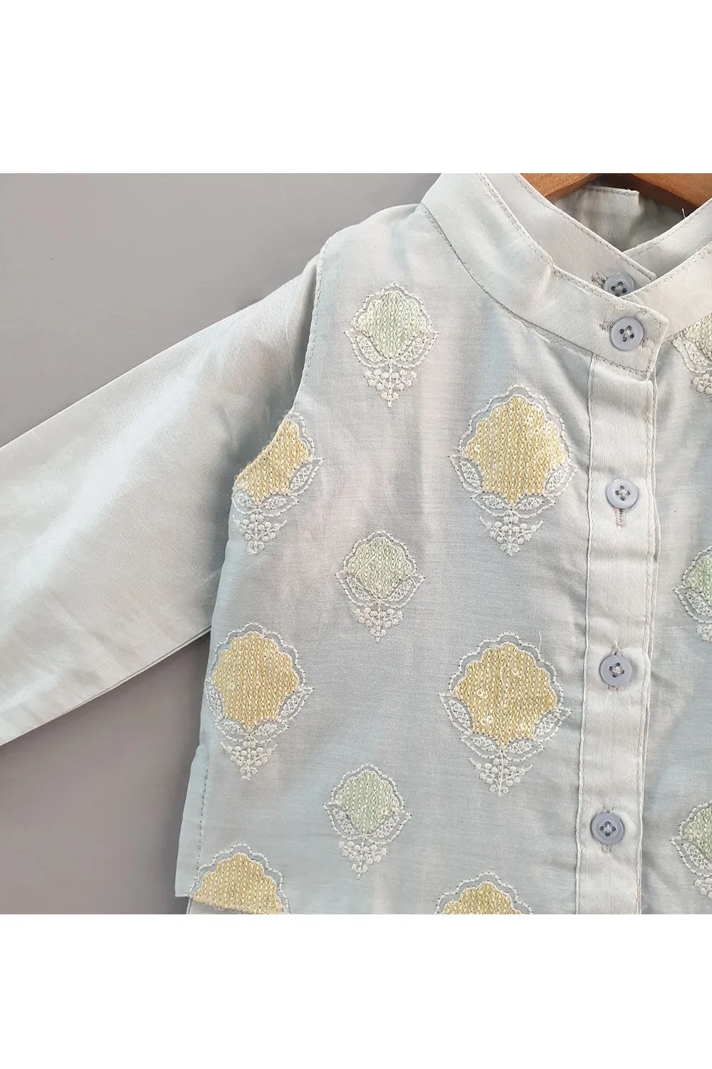 Ice Blue Cotton Silk Kurta With Sequins Embroidered Jacket