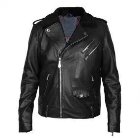 Italian Velvet Collar Black Genuine Leather Biker Jacket with Adjustable Waist Belt by Brune & Bareskin