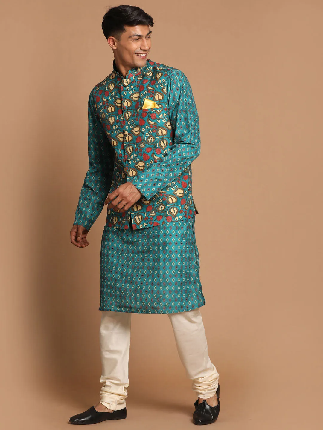 Jashvi Men's Green Printed Nehru Jacket And kurta With Cream Pyjama Set