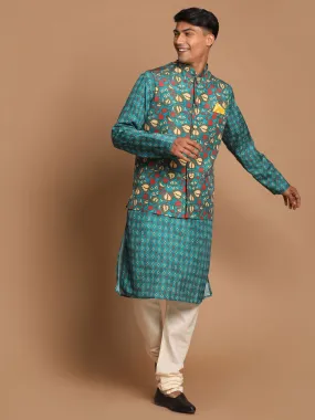 Jashvi Men's Green Printed Nehru Jacket And kurta With Cream Pyjama Set