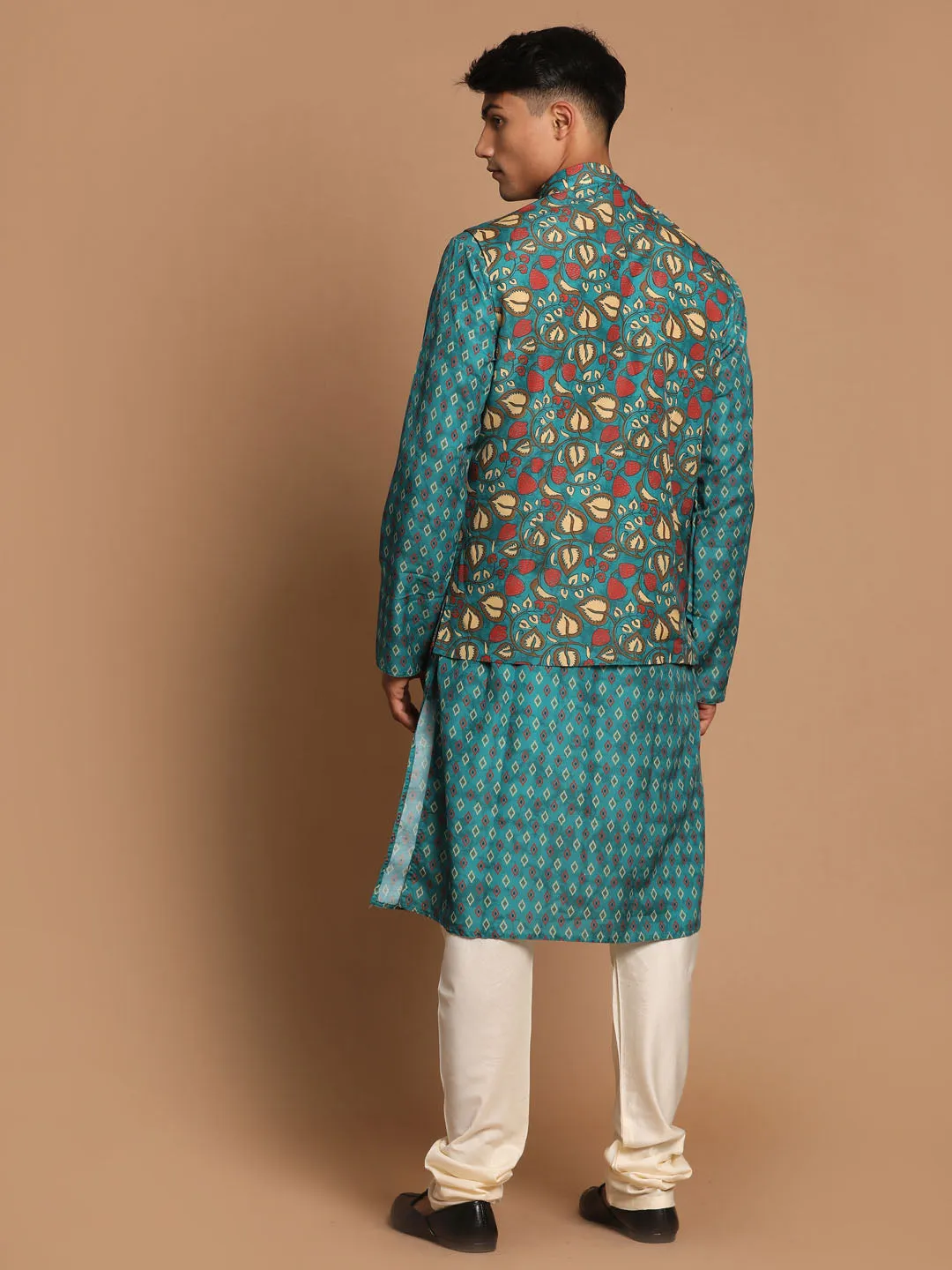 Jashvi Men's Green Printed Nehru Jacket And kurta With Cream Pyjama Set