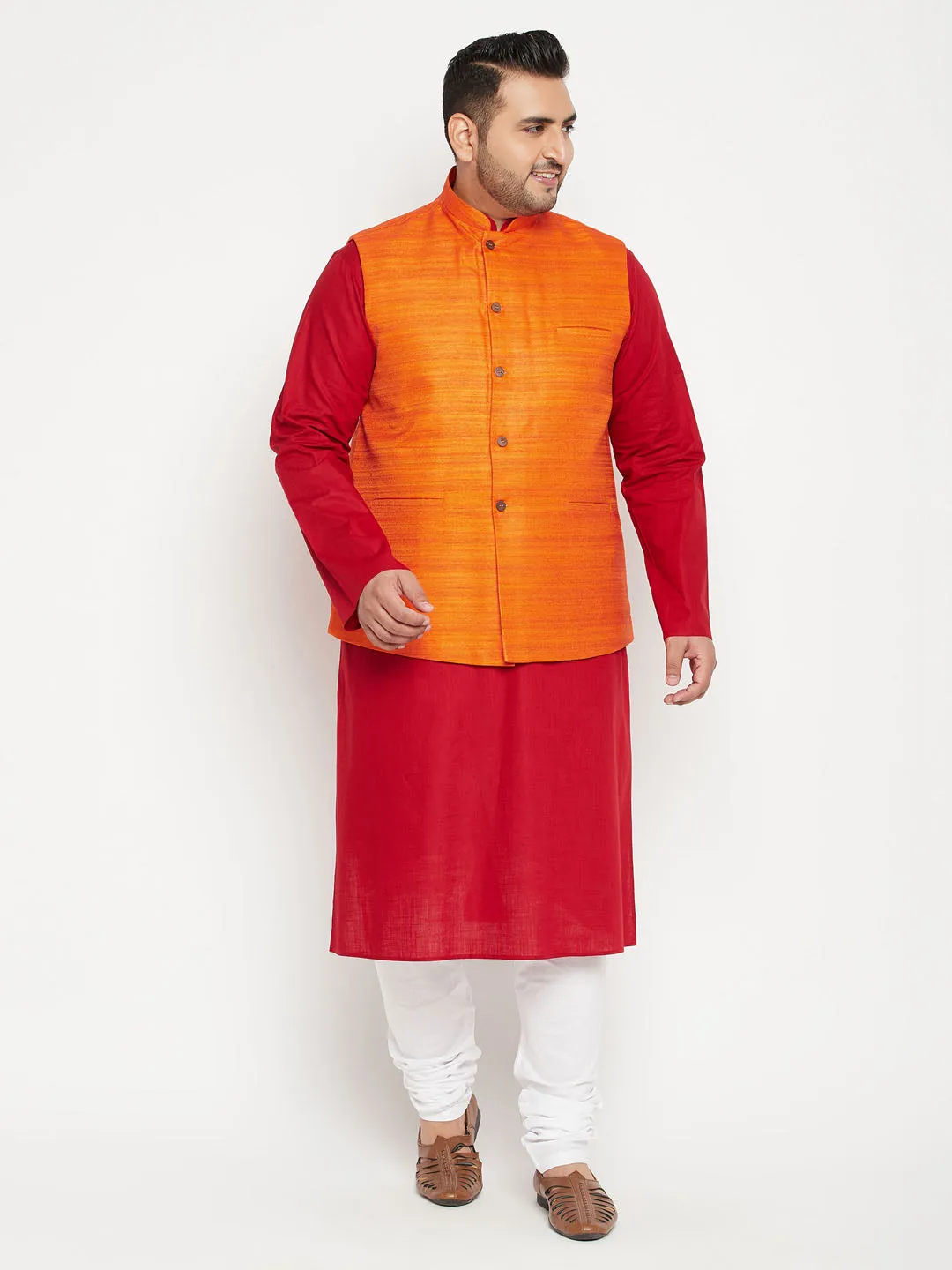 Jashvi Men's Plus Size Maroon and Orange Cotton Blend Jacket Kurta Pyjama Set