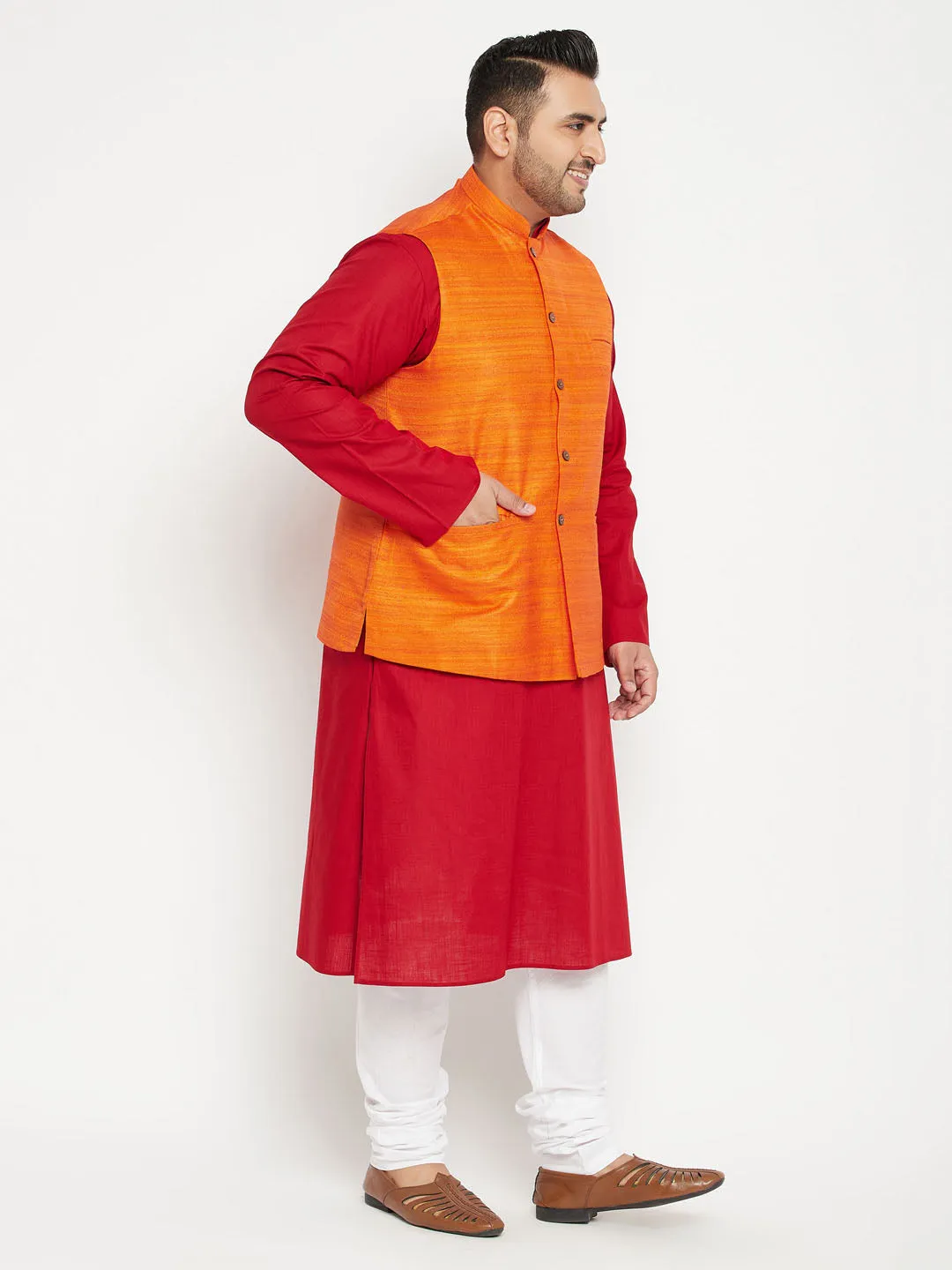 Jashvi Men's Plus Size Maroon and Orange Cotton Blend Jacket Kurta Pyjama Set