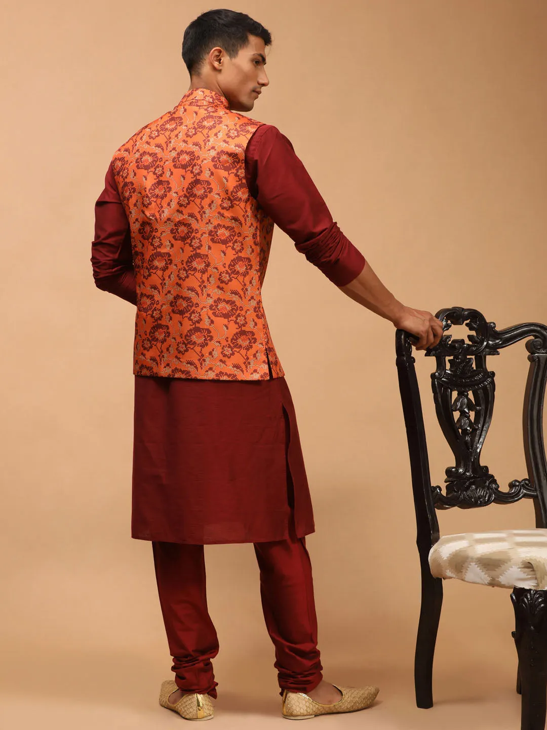 Jashvi Men's Rust Printed Nehru Jacket With Maroon Solid kurta & Pyjama Set