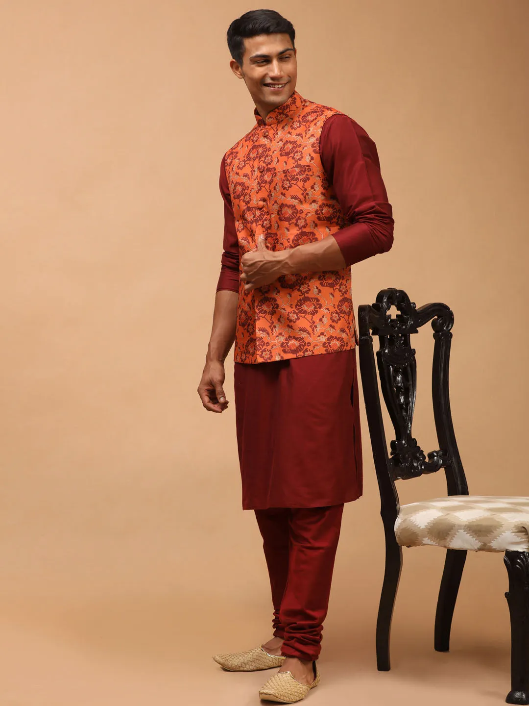 Jashvi Men's Rust Printed Nehru Jacket With Maroon Solid kurta & Pyjama Set