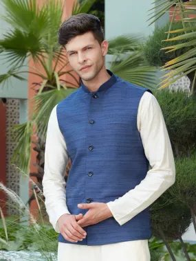 Jashvi Navy Blue Cotton Blend Solid Nehru Jacket