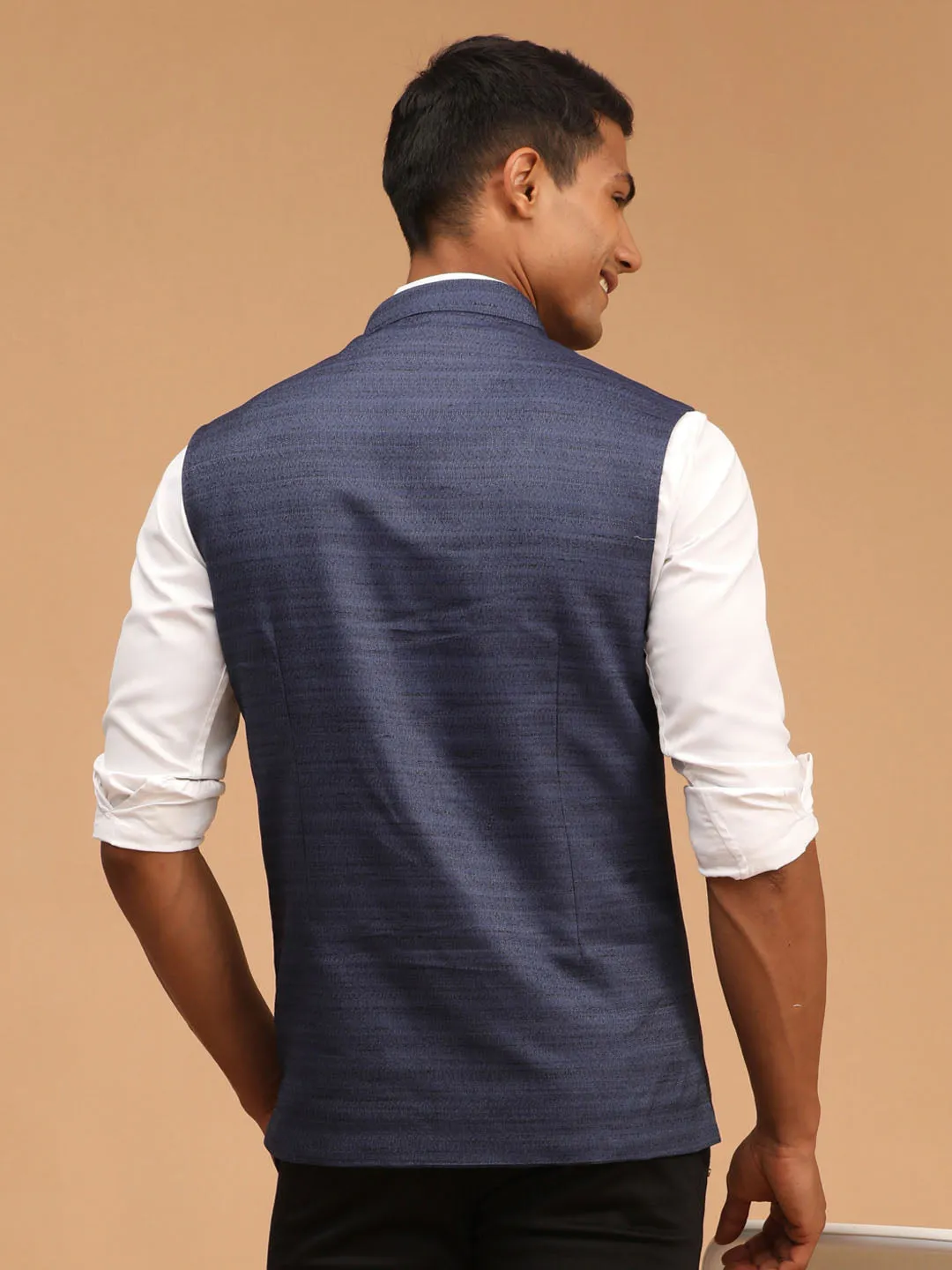 Jashvi Navy Blue Cotton Blend Solid Nehru Jacket