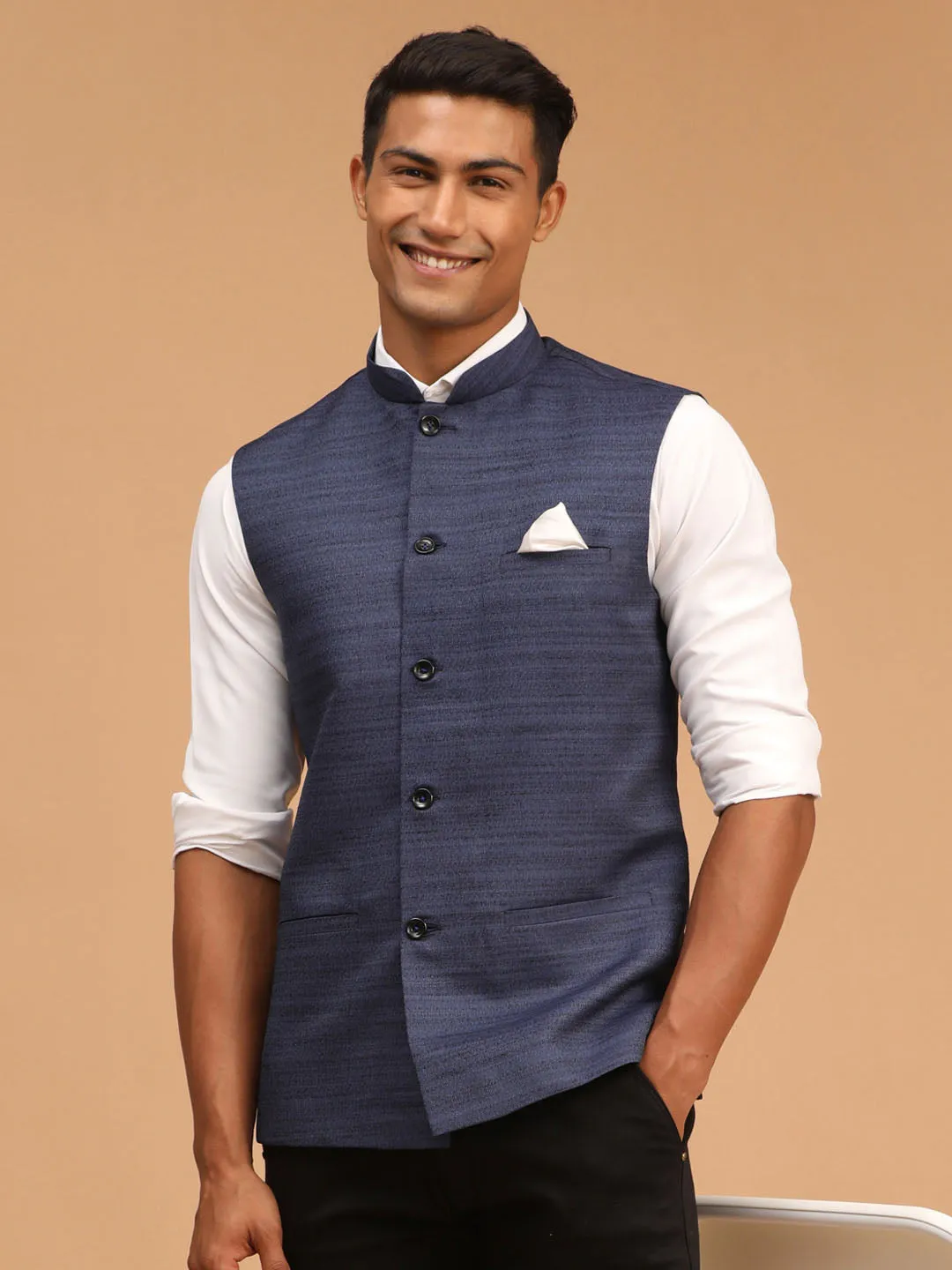 Jashvi Navy Blue Cotton Blend Solid Nehru Jacket