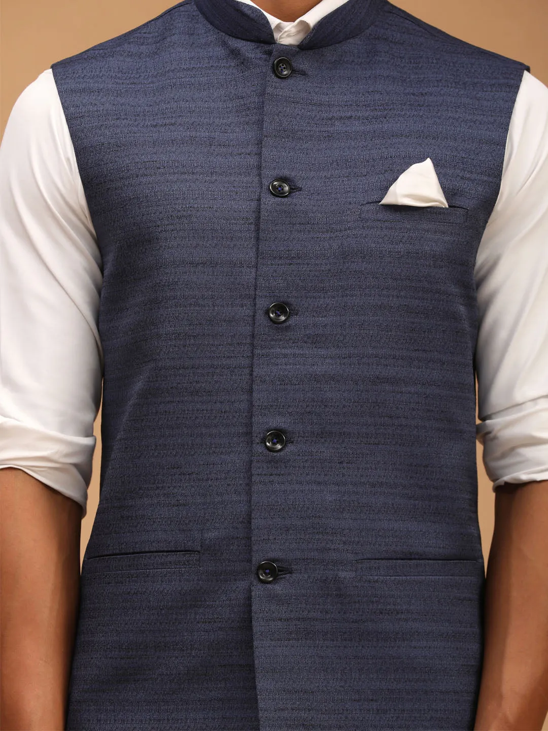 Jashvi Navy Blue Cotton Blend Solid Nehru Jacket