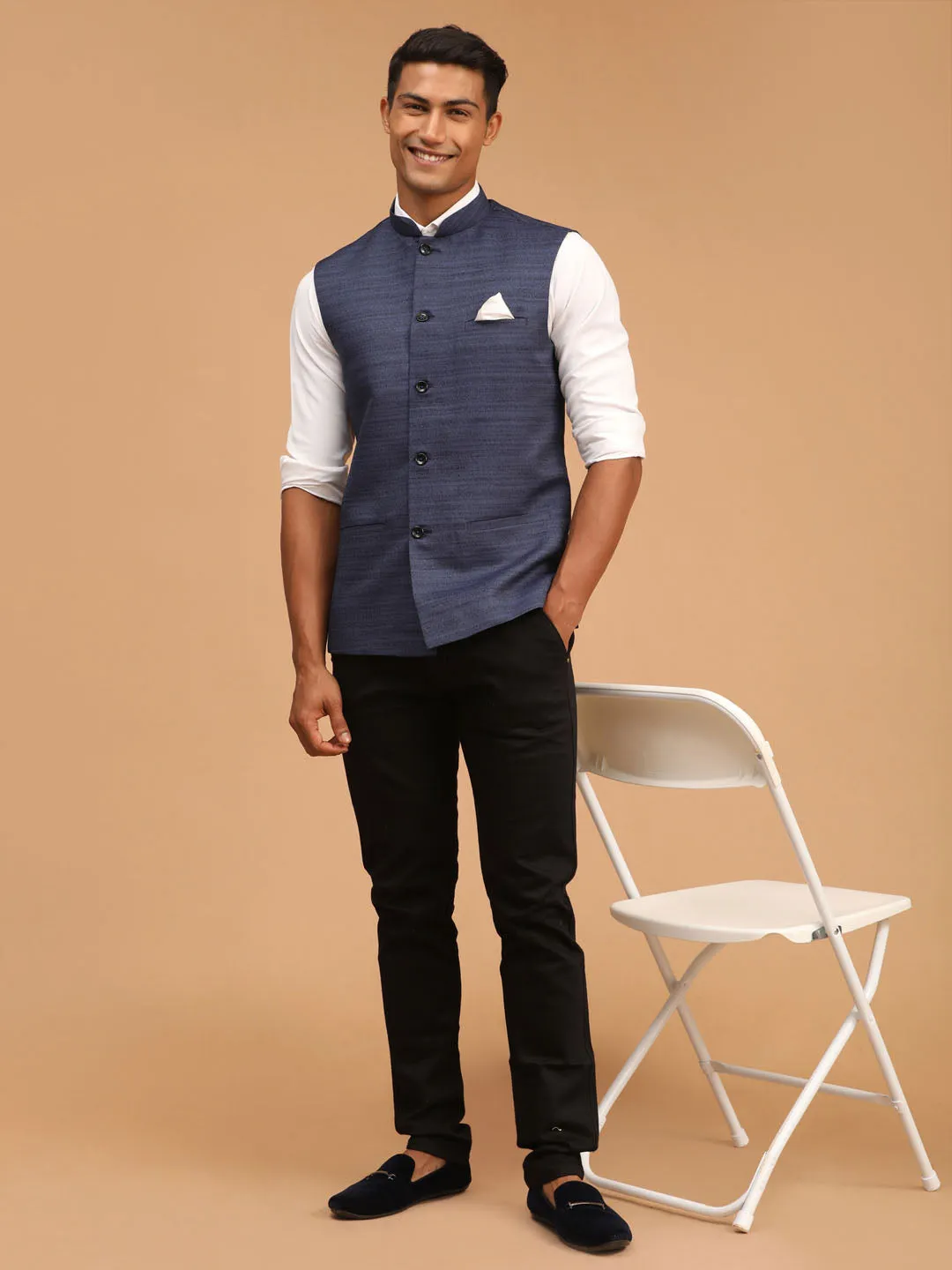 Jashvi Navy Blue Cotton Blend Solid Nehru Jacket