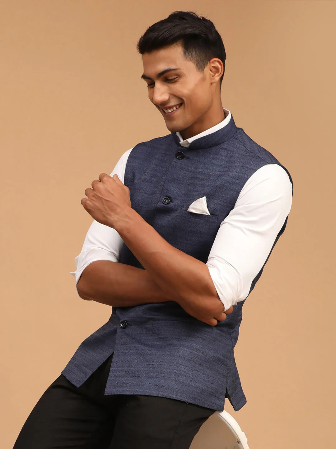 Jashvi Navy Blue Cotton Blend Solid Nehru Jacket