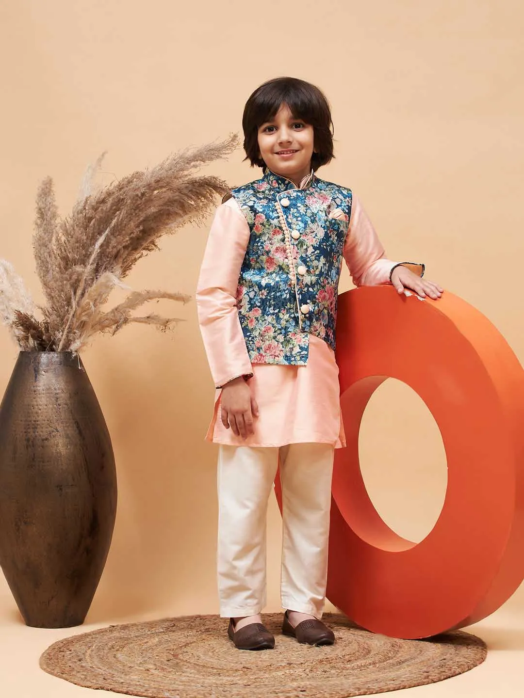 Jashvi Peach Floral Jacquard Jacket