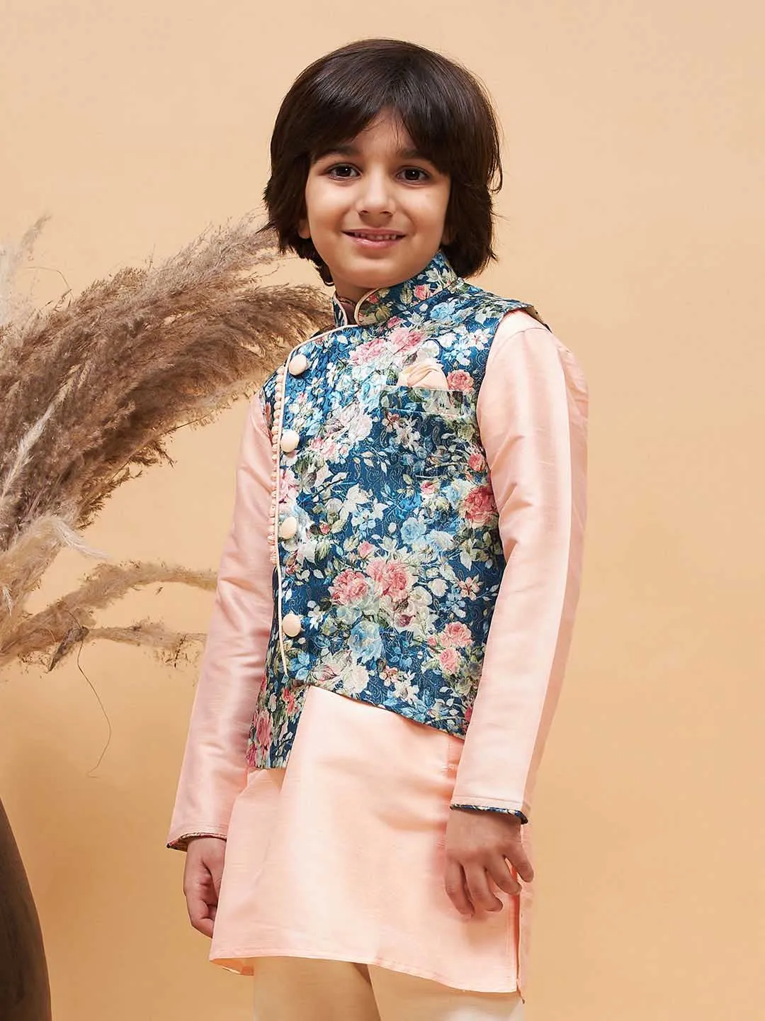 Jashvi Peach Floral Jacquard Jacket