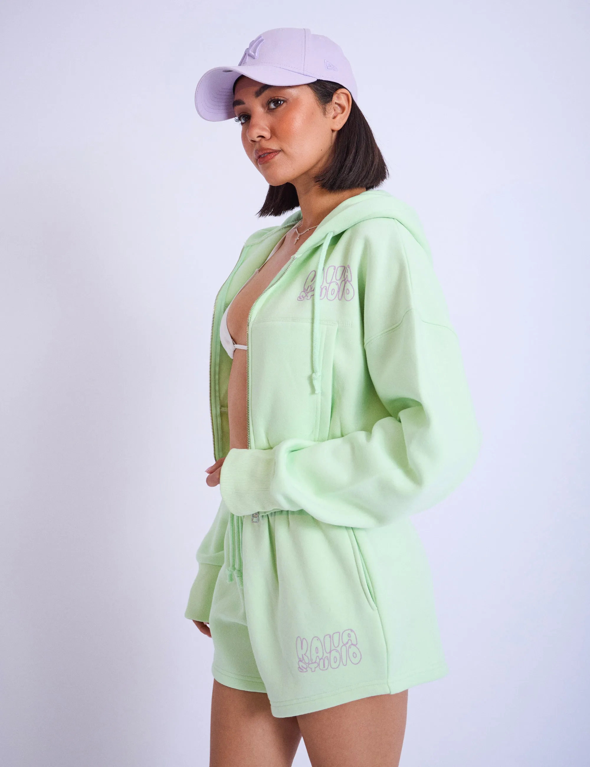 Kaiia Studio Bubble Logo Cropped Zip Up Hoodie Lime & Lilac