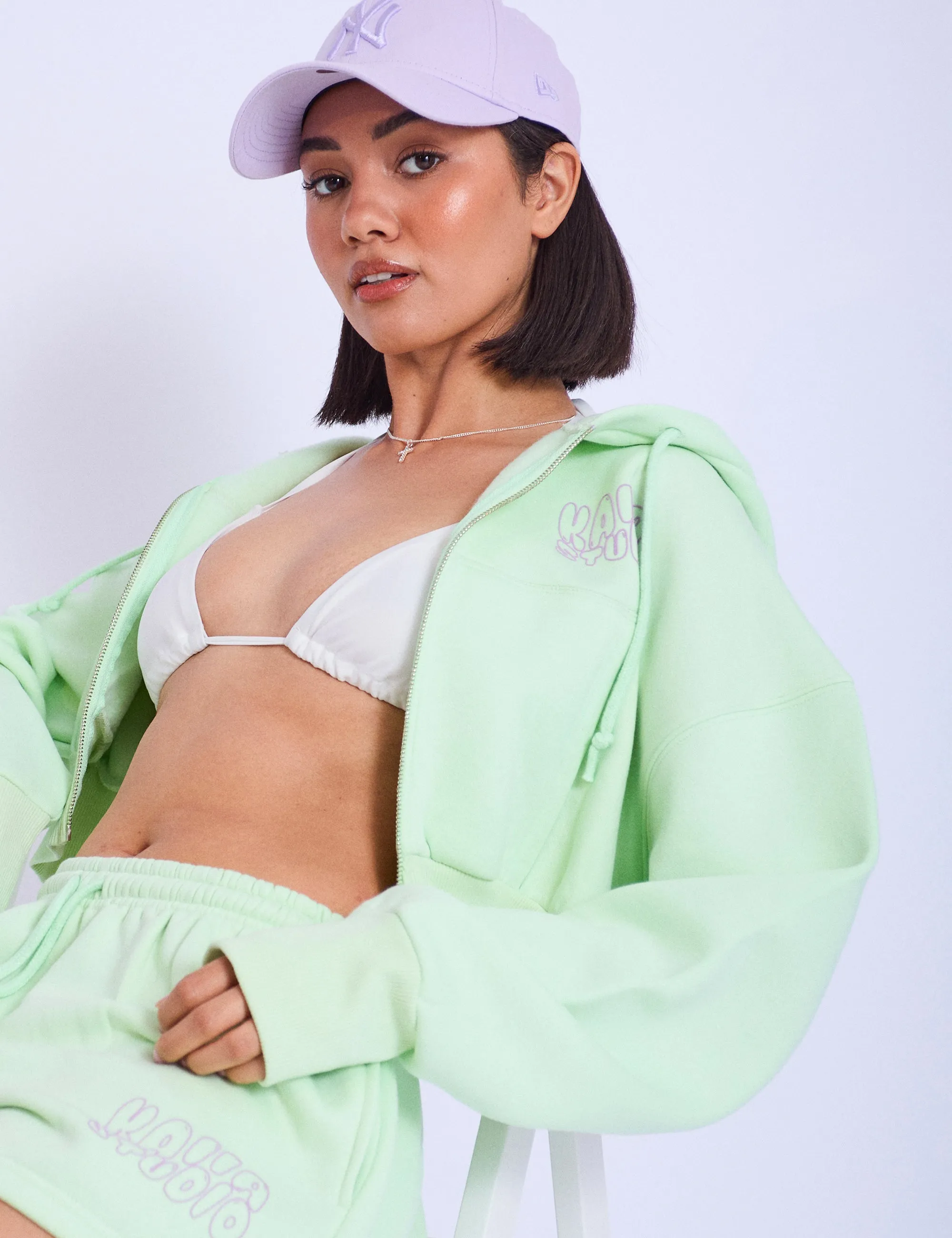 Kaiia Studio Bubble Logo Cropped Zip Up Hoodie Lime & Lilac