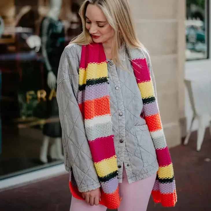 Katydid Pink/Yellow/Orange Purple Neon Stripes Crochet Scarf FINAL SALE