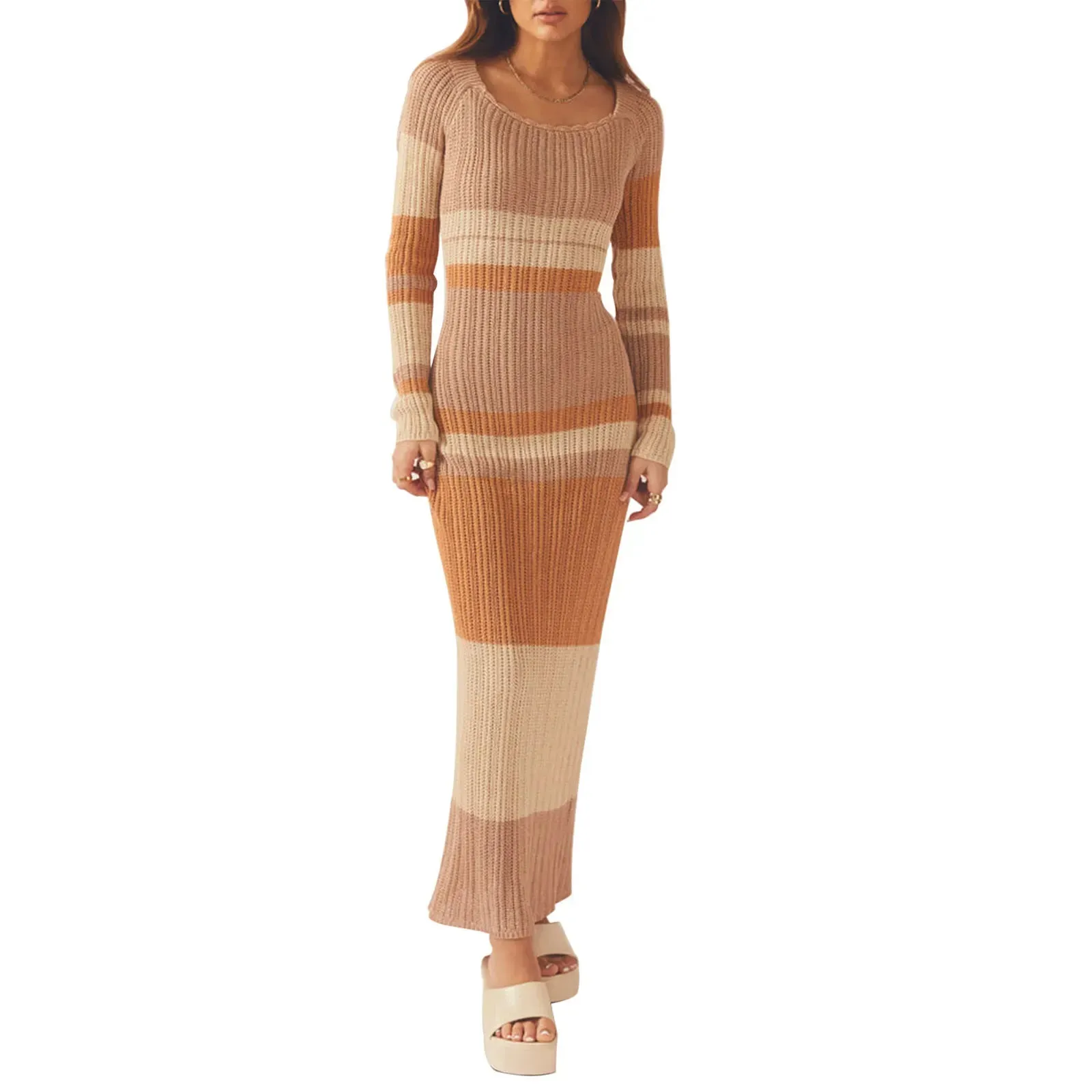 Knitted Temperament Contrast Slim Fit Bodycon Long Spring Autumn Summer Off-Shoulder Dress