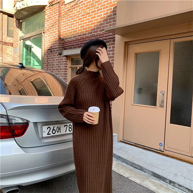 [Korean Style] Espresso Crew Neck Rib Knit Dress