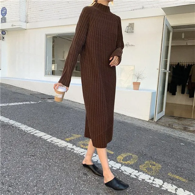 [Korean Style] Espresso Crew Neck Rib Knit Dress