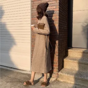 [Korean Style] Espresso Crew Neck Rib Knit Dress