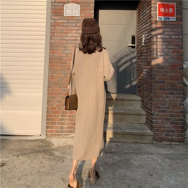 [Korean Style] Espresso Crew Neck Rib Knit Dress