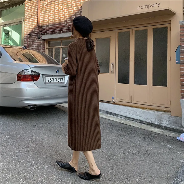 [Korean Style] Espresso Crew Neck Rib Knit Dress