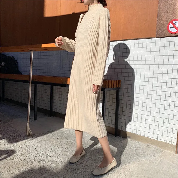 [Korean Style] Espresso Crew Neck Rib Knit Dress