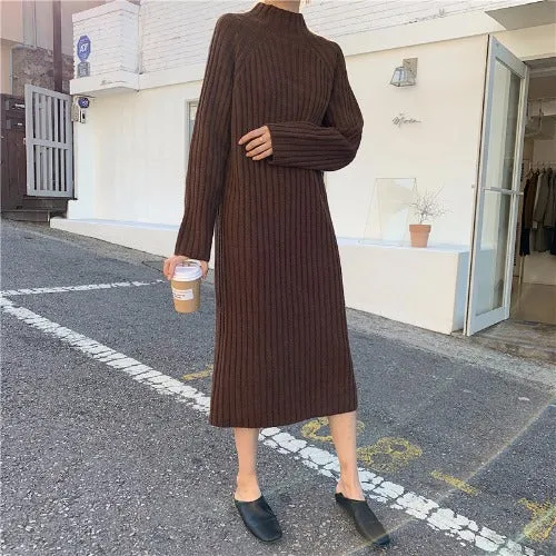 [Korean Style] Espresso Crew Neck Rib Knit Dress