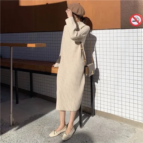 [Korean Style] Espresso Crew Neck Rib Knit Dress