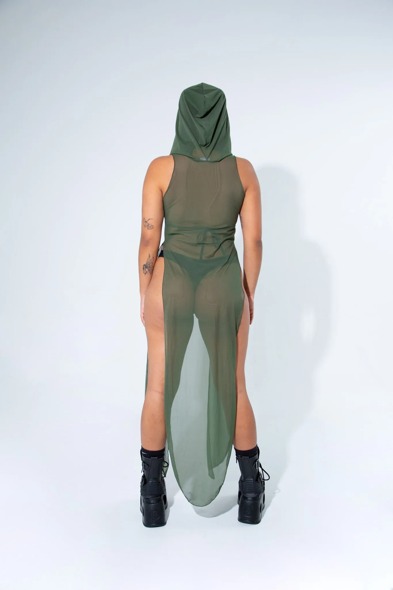 La Cosa Hooded Mesh Dress in Olive Green