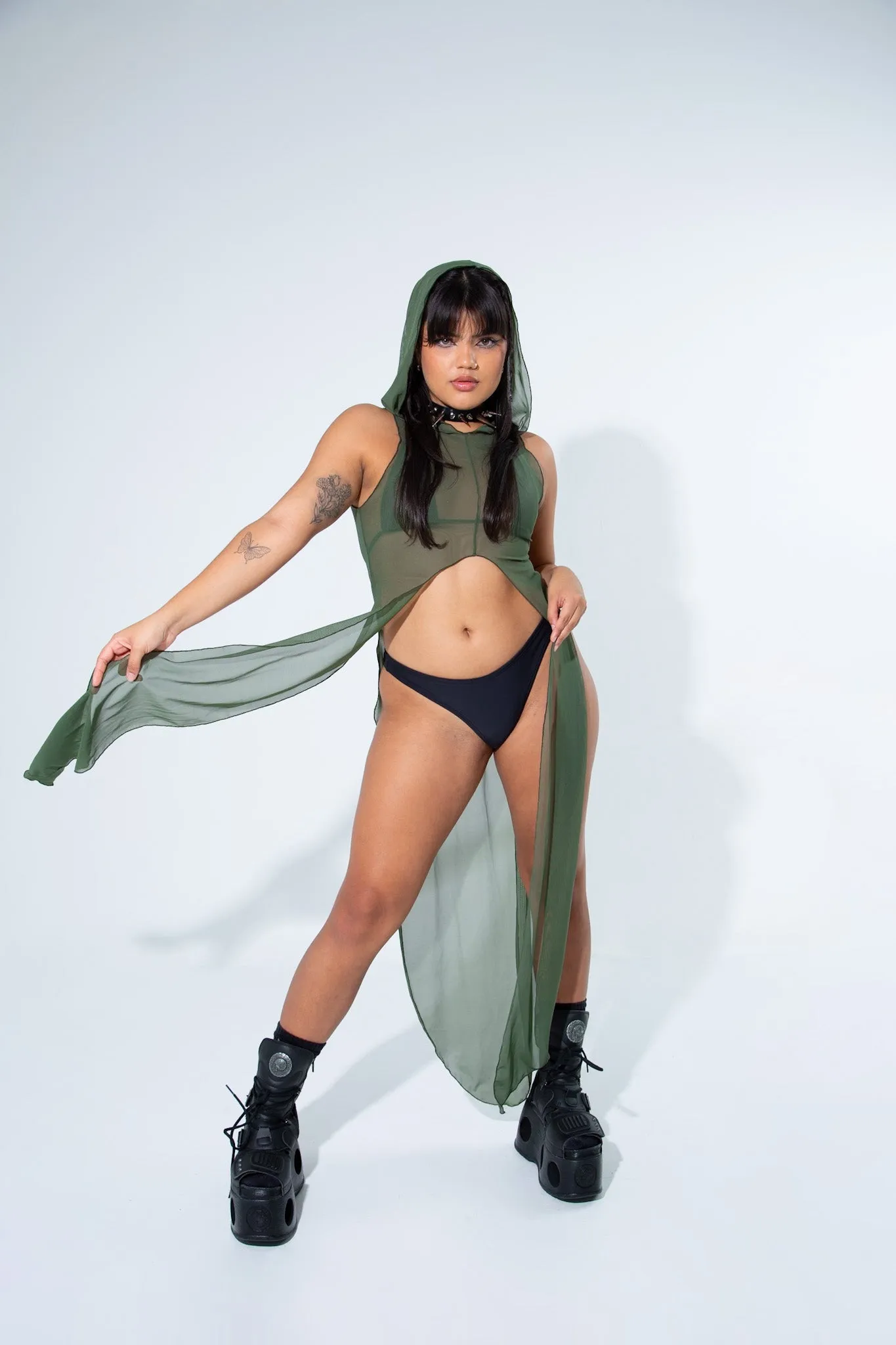 La Cosa Hooded Mesh Dress in Olive Green